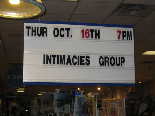 Sign advertising Intimacies Group, Oct 16, 7 pm at BookPeople